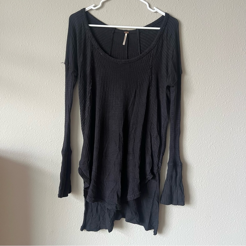 Free People Black Long Sleeve Waffle Knit Top